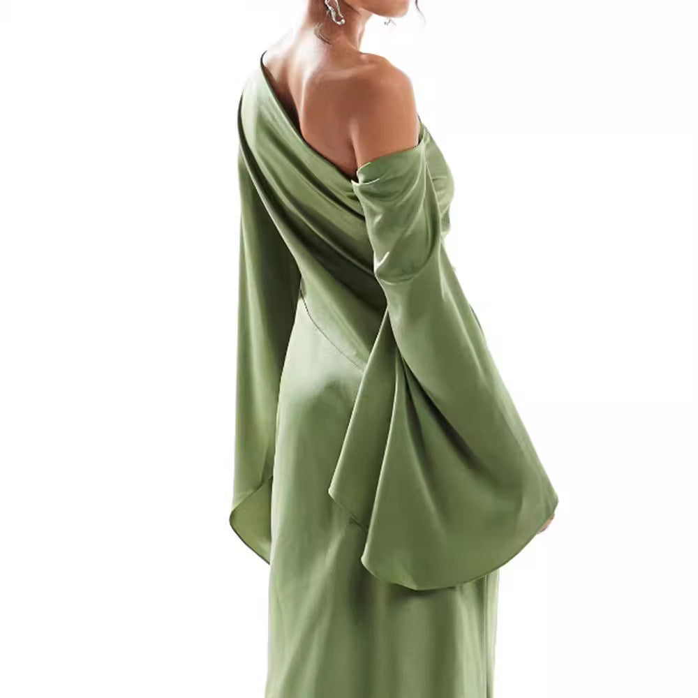 Women's Satin Women's Maxi Dress ? Green Asymmetrical Hem Satin Maxi Dress