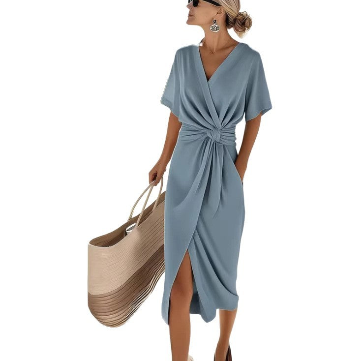 Satin Wrap Dress with Side Slit V-Neck