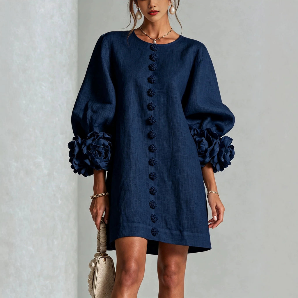 French Floral Cotton Linen A-Line Dress