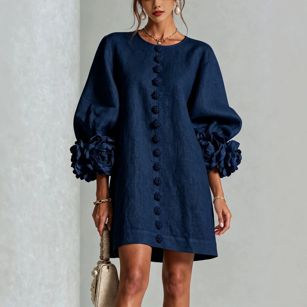 French Floral Cotton Linen A-Line Dress