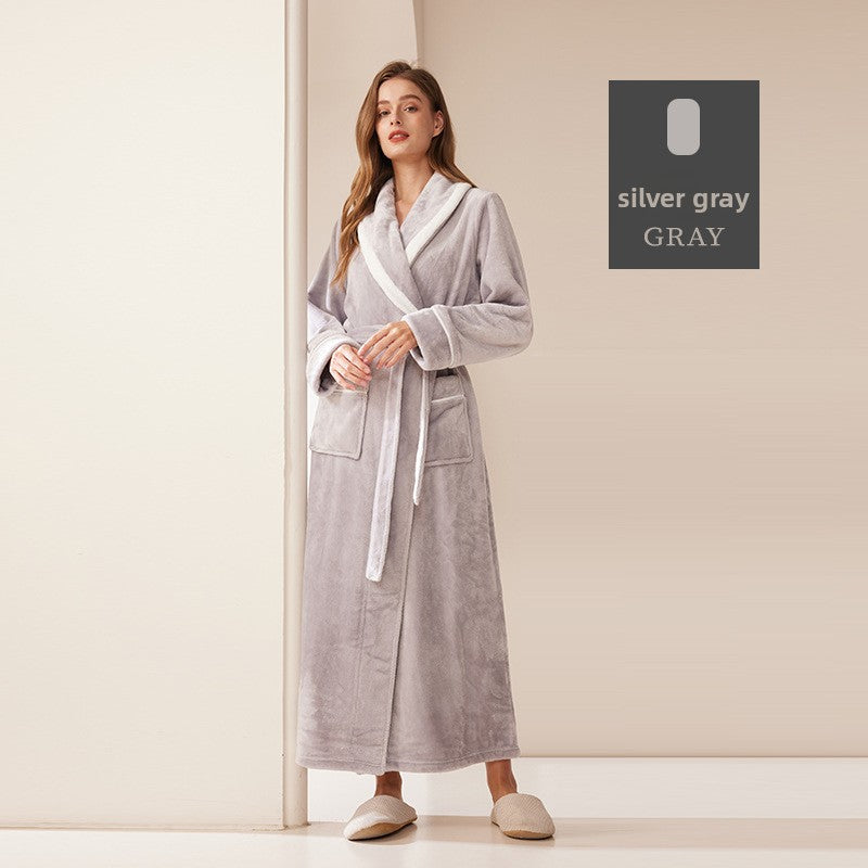 Thickened Long Coral Velvet Flannel Bathrobe for Couples