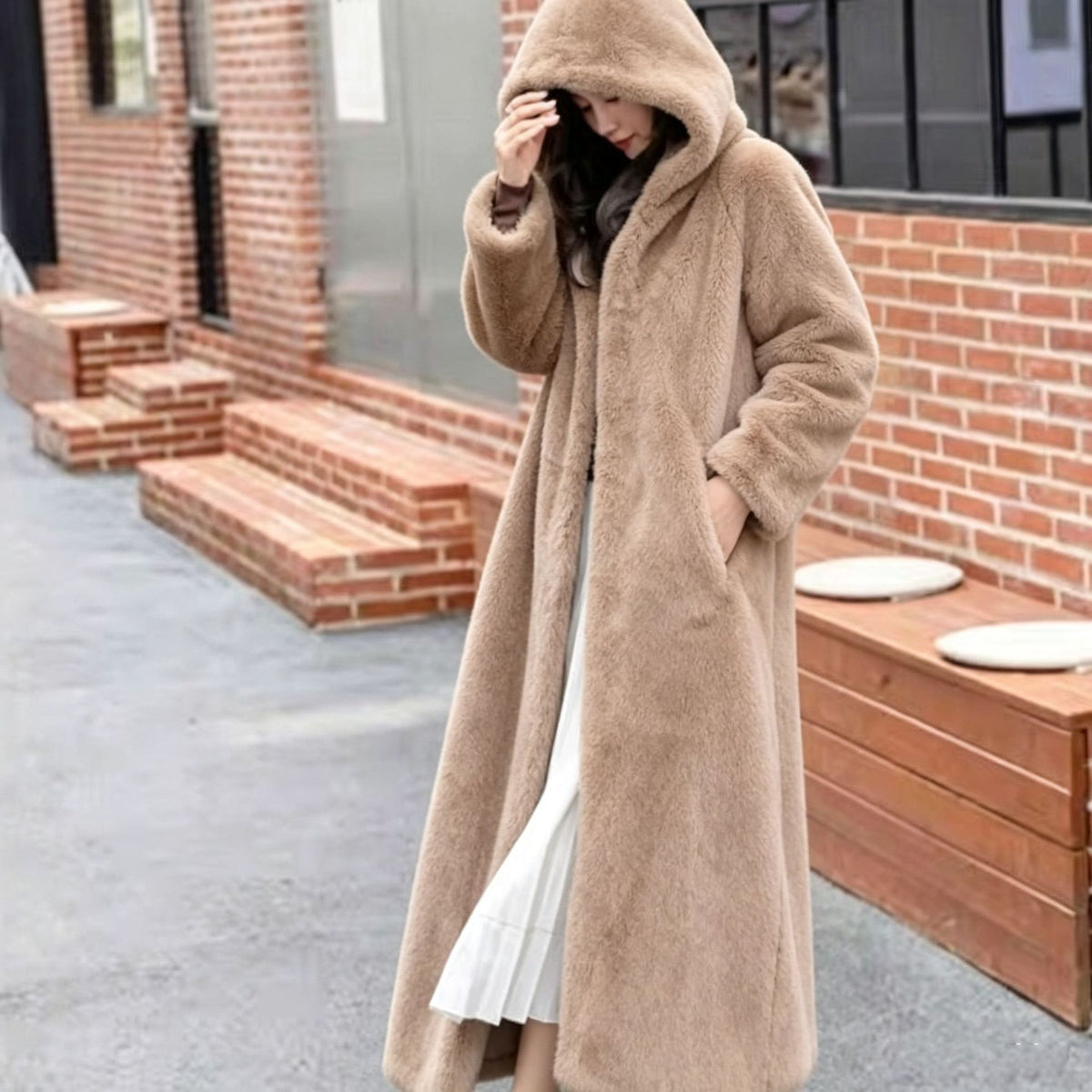 Extra-Long Faux Fur Hooded Coat with Belt for Women
