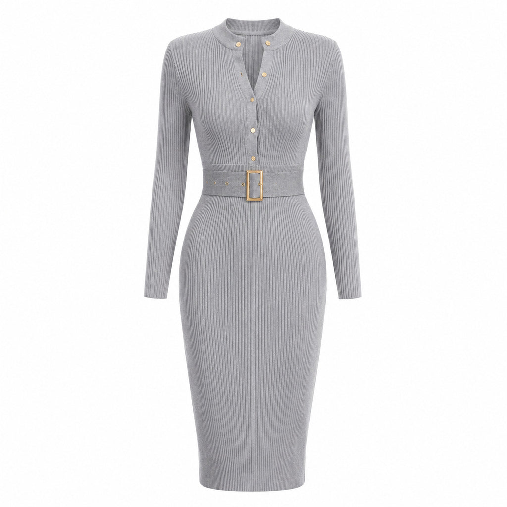 Elegant Bodycon Knitted Ribbed Midi Dress with Belt