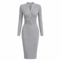 Elegant Bodycon Knitted Ribbed Midi Dress with Belt
