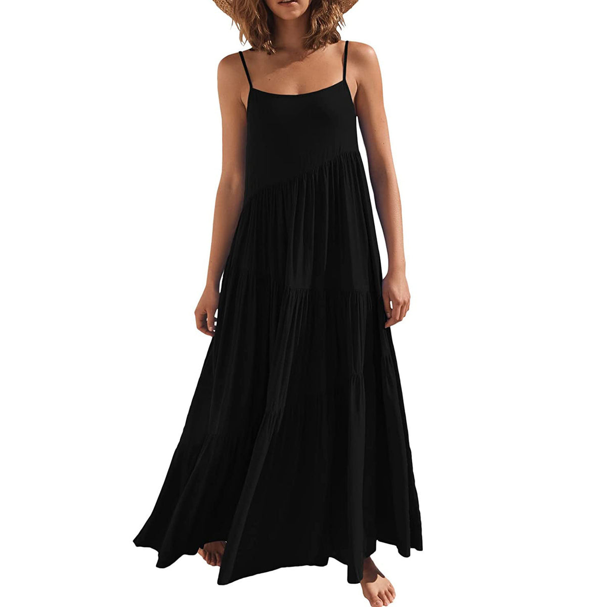 Women's Loose Solid Color Pleated Irregular Beach Strap Maxi Dress