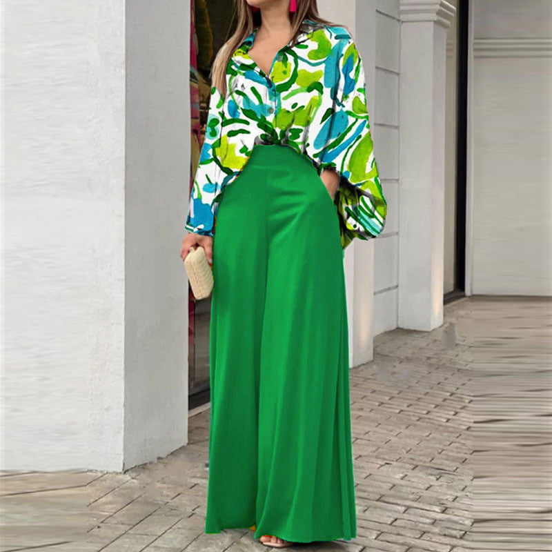 Floral Print Shirt and Wide-Leg Pants Set
