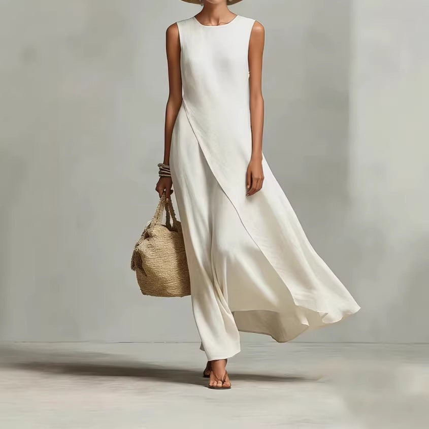 Sleeveless Asymmetrical Hem Cotton Linen Dress