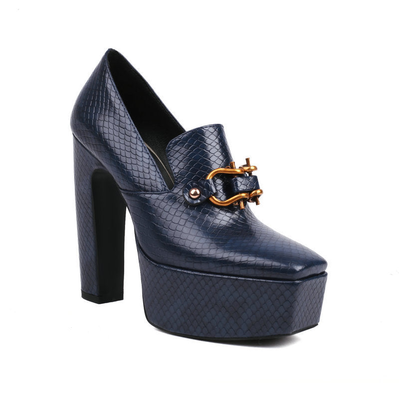 High Heels, Snake Print Square Toe, Thick Sole, Chunky Heel Women's Shoes