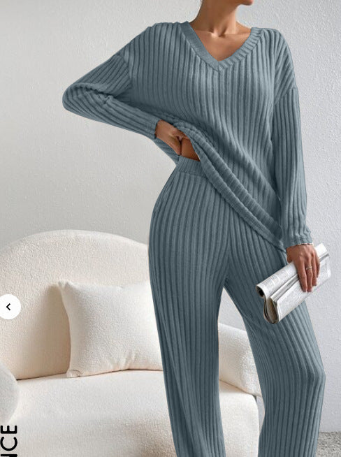 Women's V-Neck Ribbed Knit Two-Piece Set
