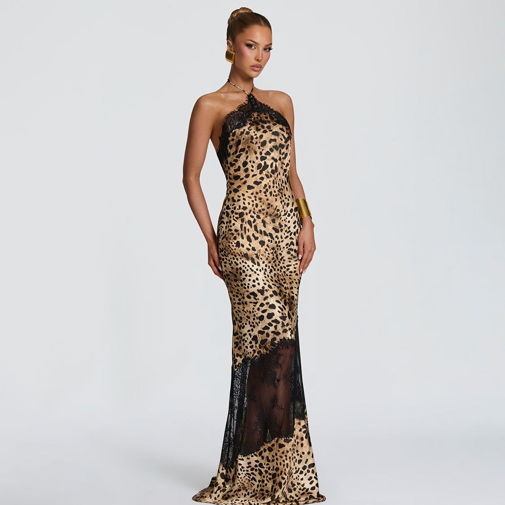 Womens Leopard Print Lace Fishtail Dress