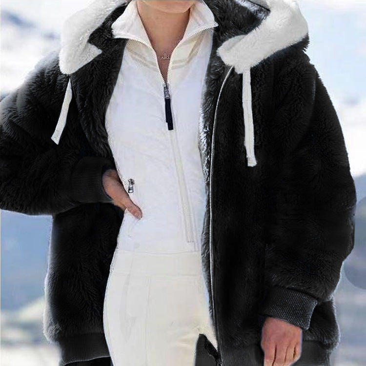 Womens Loose Fit Plush Zipper Hooded Jacket