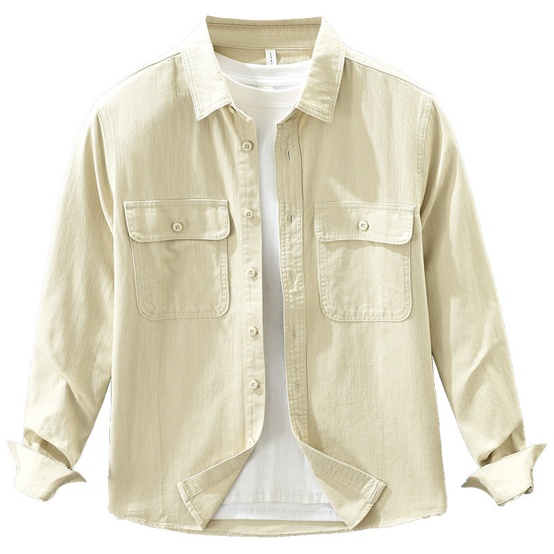Mens Japanese Retro Workwear Long Sleeve Cotton Shirt Casual Loose Top