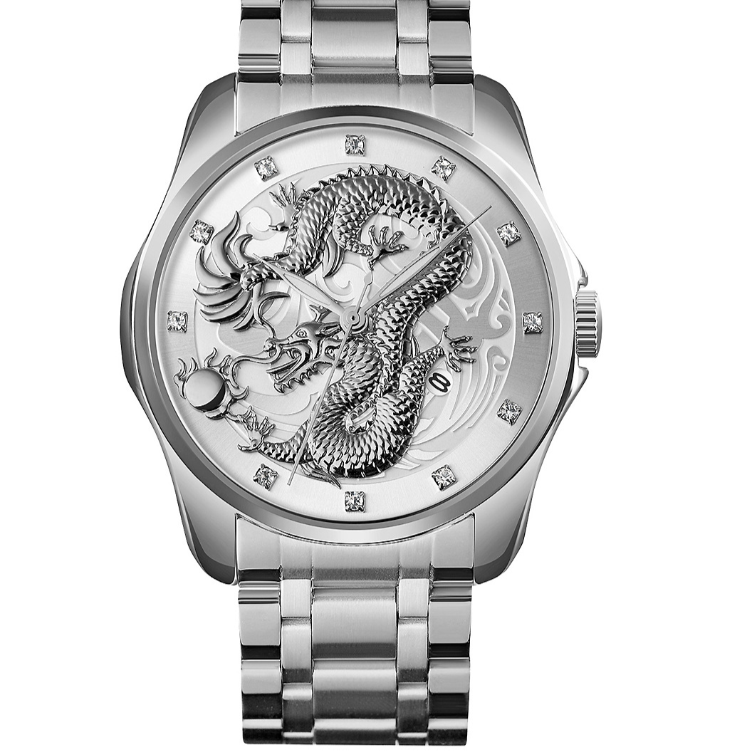 Mens Dragon Embossed Quartz Calendar Watch