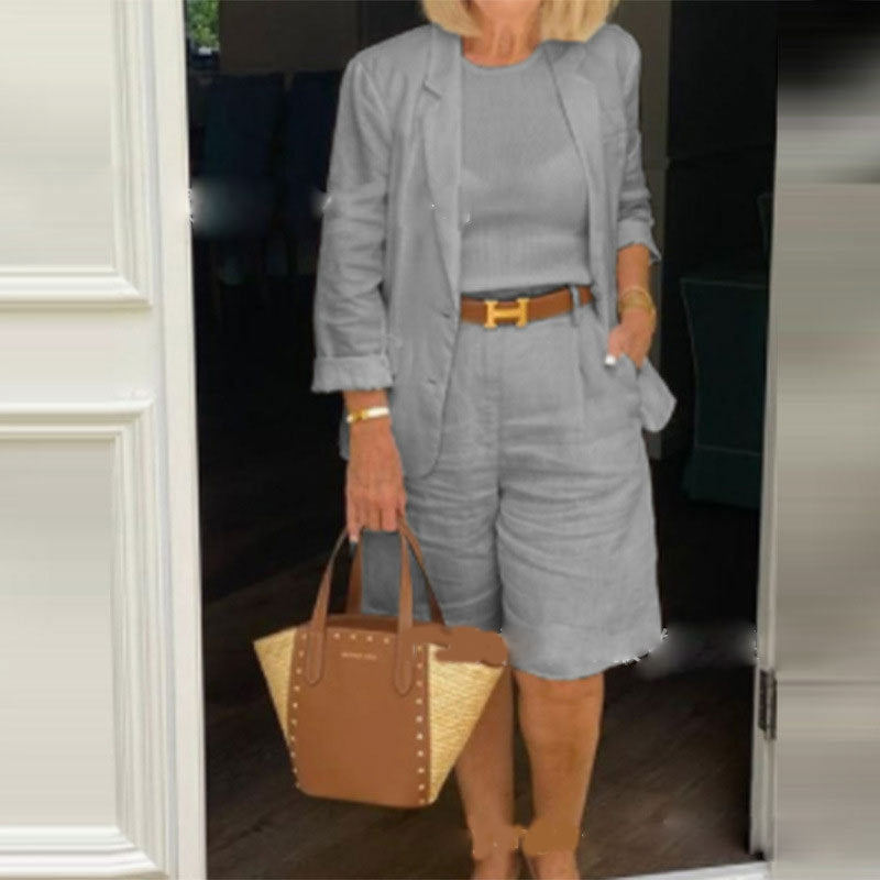 Women's Clothing Cotton and Linen Cardigan Tops Shorts Small Suit Two-Piece Set