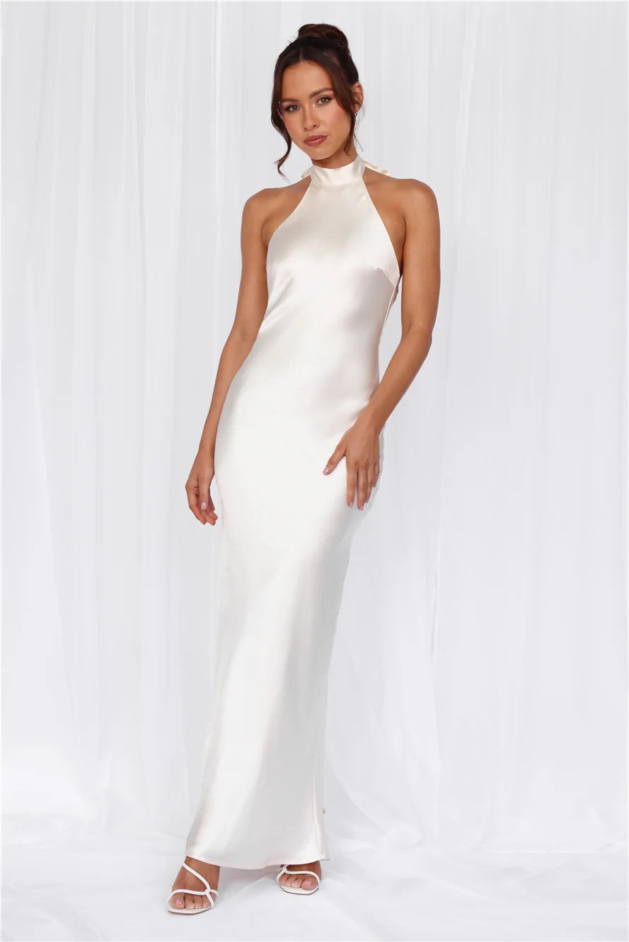 Women Satin Halter Neck Tie Slim Fit Long Dress