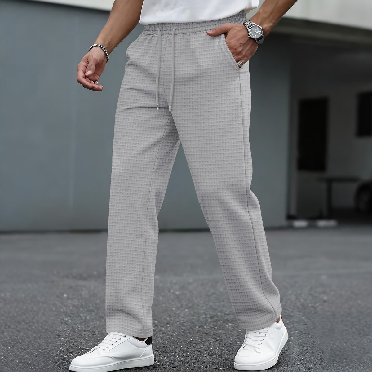 men's new large checkered drawstring casual pants, lightweight, breathable, comfortable straight-leg pocket trousers