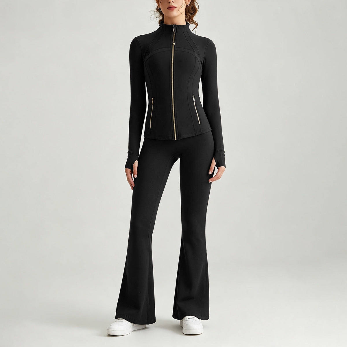 Double-Sided Brushed Yoga Set for Women Stand-Collar Slim-Fit Jacket High-Waist Flared Pants