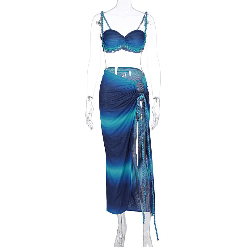 Braided Swimsuit Top and Slit Skirt