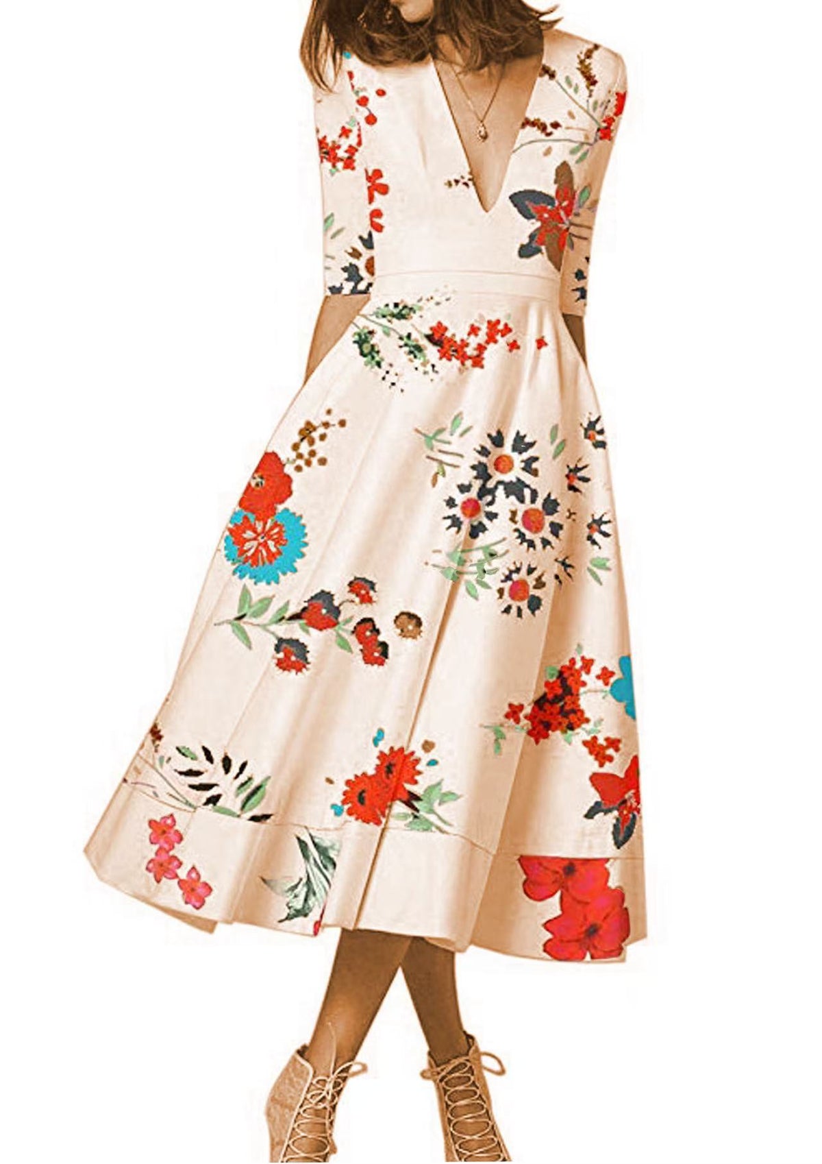 Womens Sexy Deep V Mid Sleeve Solid Color Splicing Swing Dress