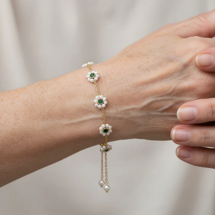 Vintage Floral Stainless Steel Bracelet with Emerald Pearl Pendant