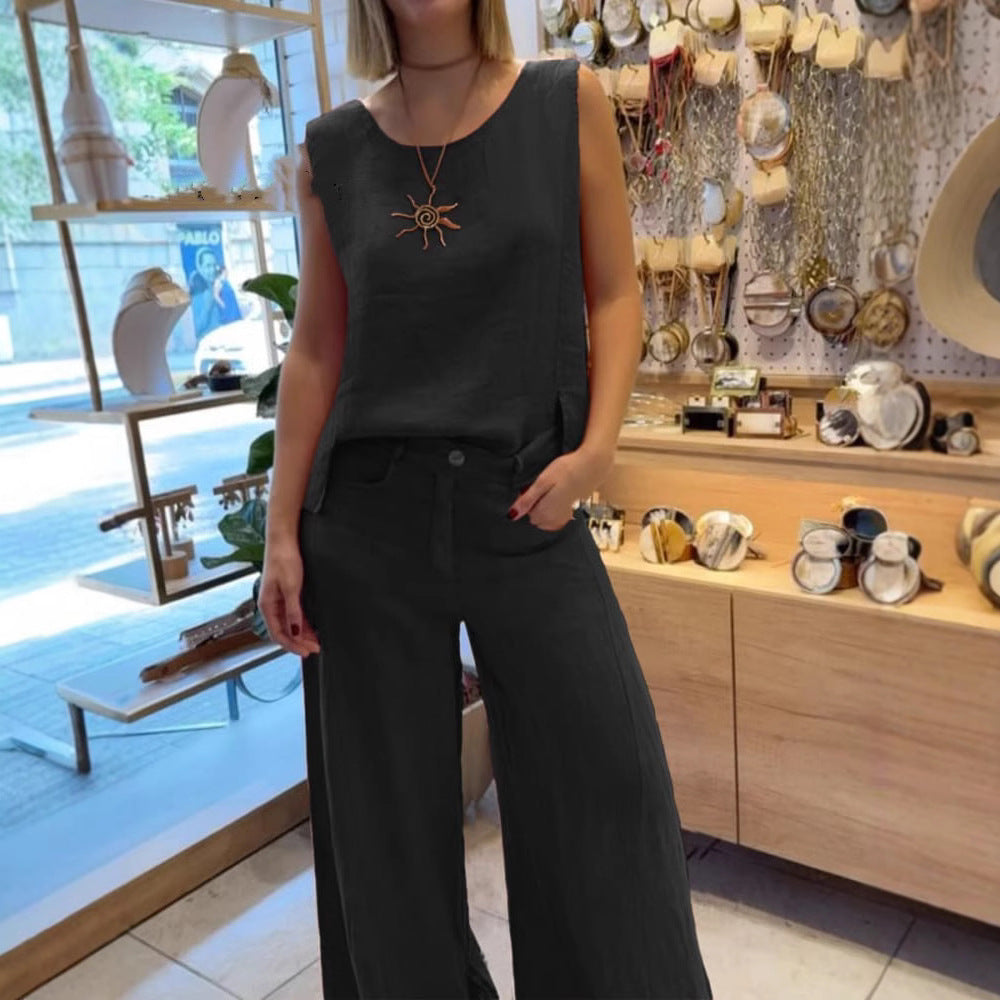 Women's Summer Cotton Linen Solid Color Sleeveless Two-Piece Pantsuit Set