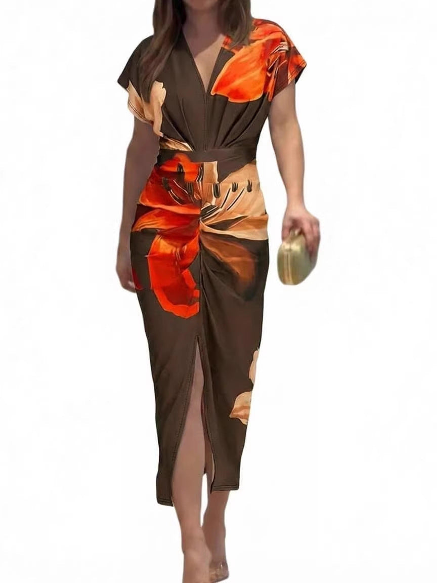 Elegant Tie-Dye V-Neck Knitted Dress
