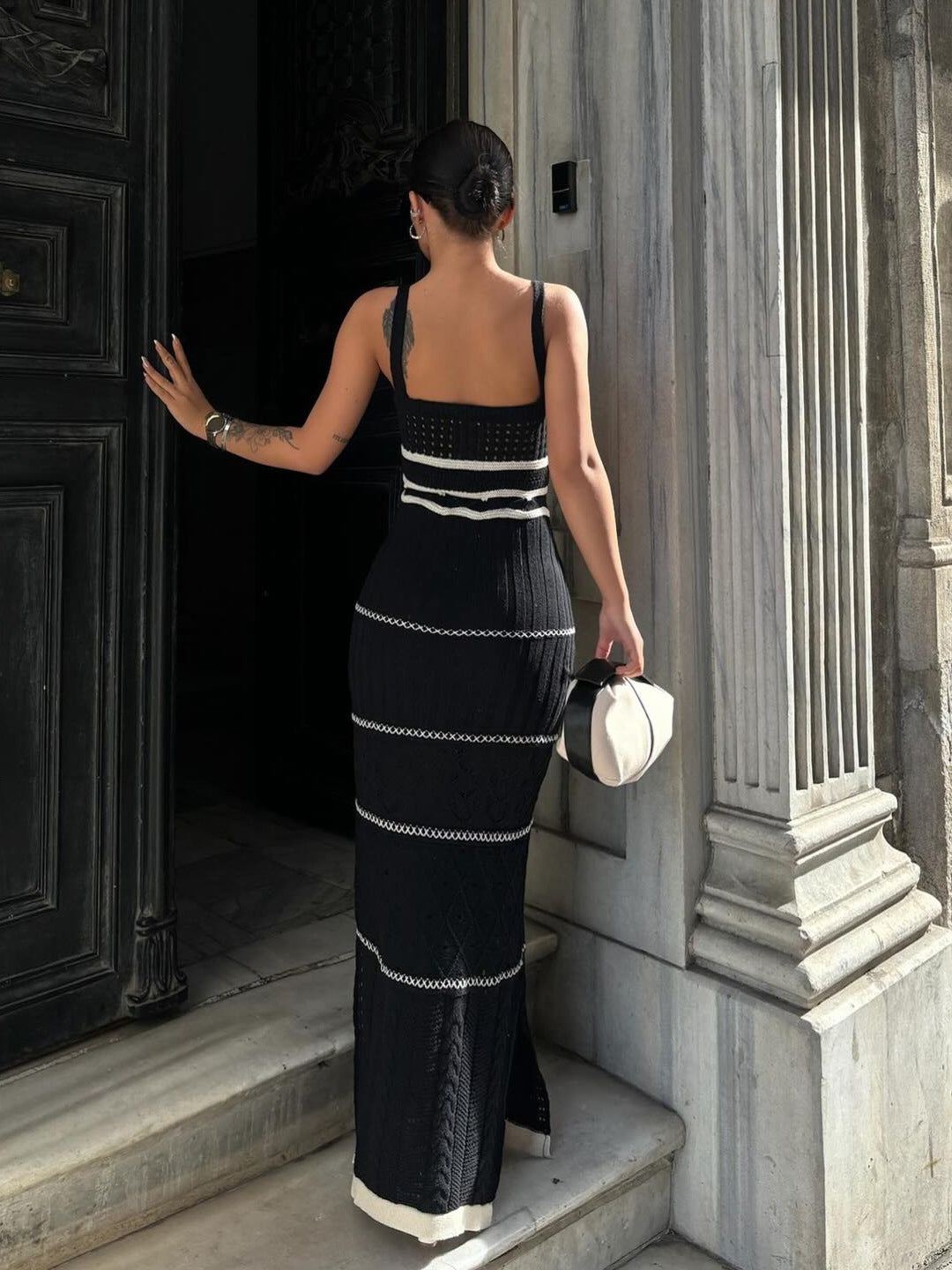 Off-Shoulder Striped Knit Long Dress