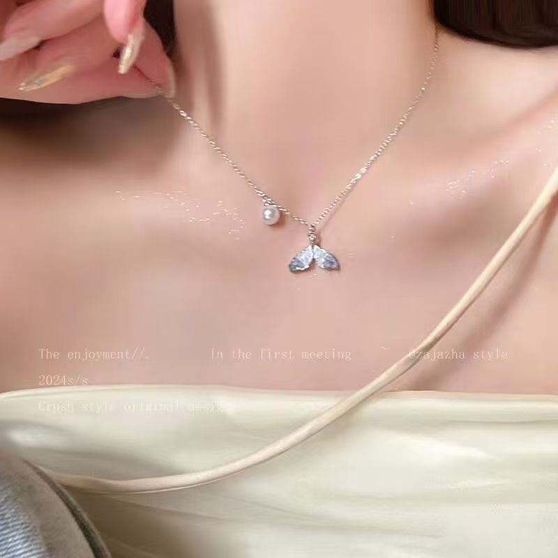 Light Luxury Blue Fishtail Pearl Necklace Women Clavicle Chain