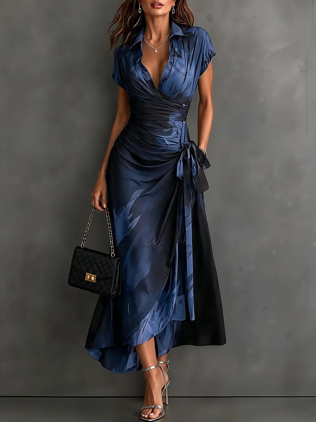 Womens Ink Print Wrap Dress with Collar Short Sleeves High Waist Tie Side Slit