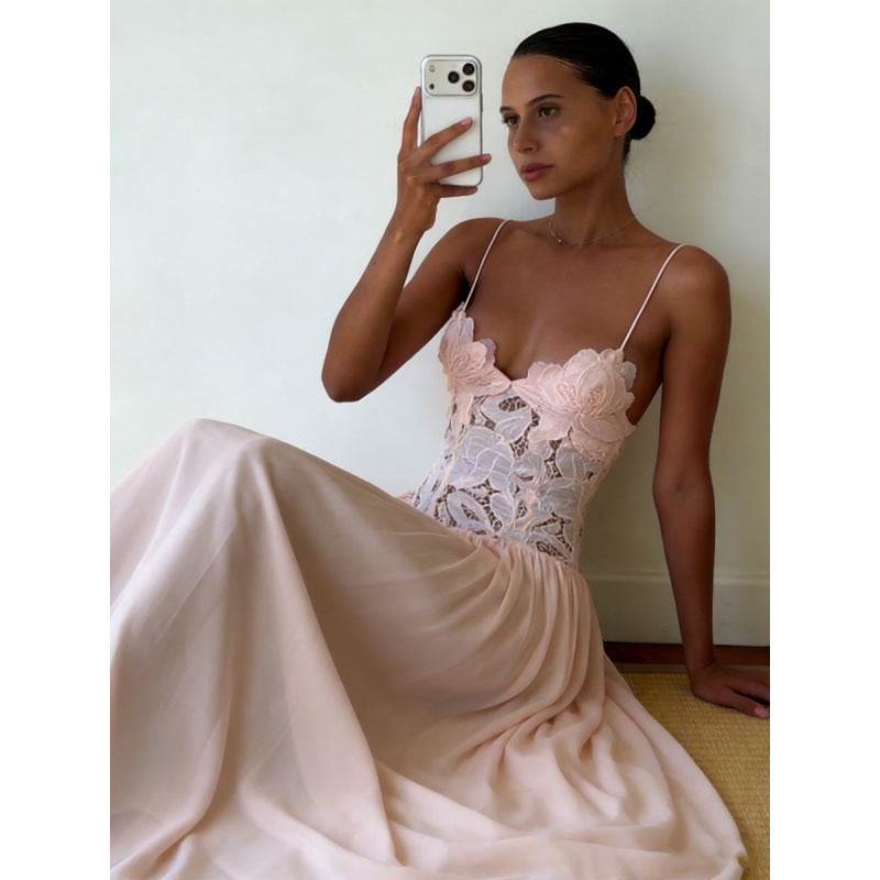 Embroidered Lace Chiffon Long Dress