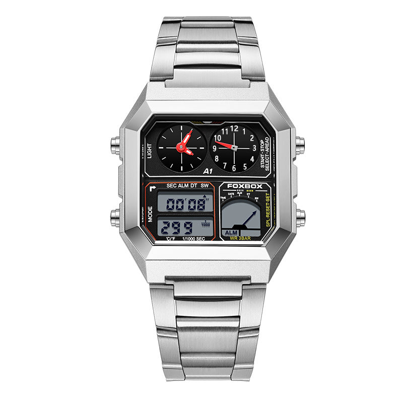 Foxbox Square Men Multifunction Digital Analog Stainless Steel Waterproof Watch