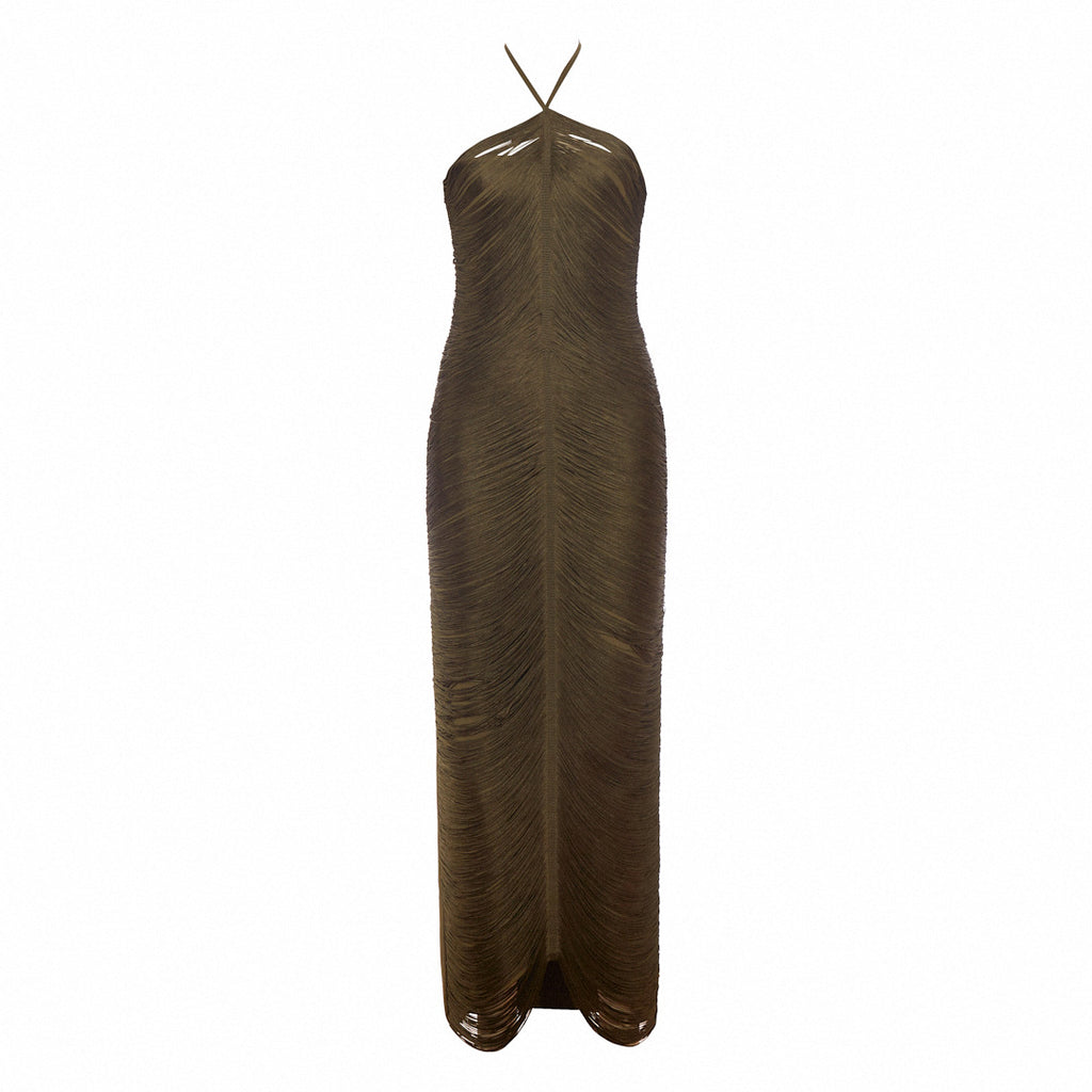 Sleeveless Halter Neck Tassel Long Dress