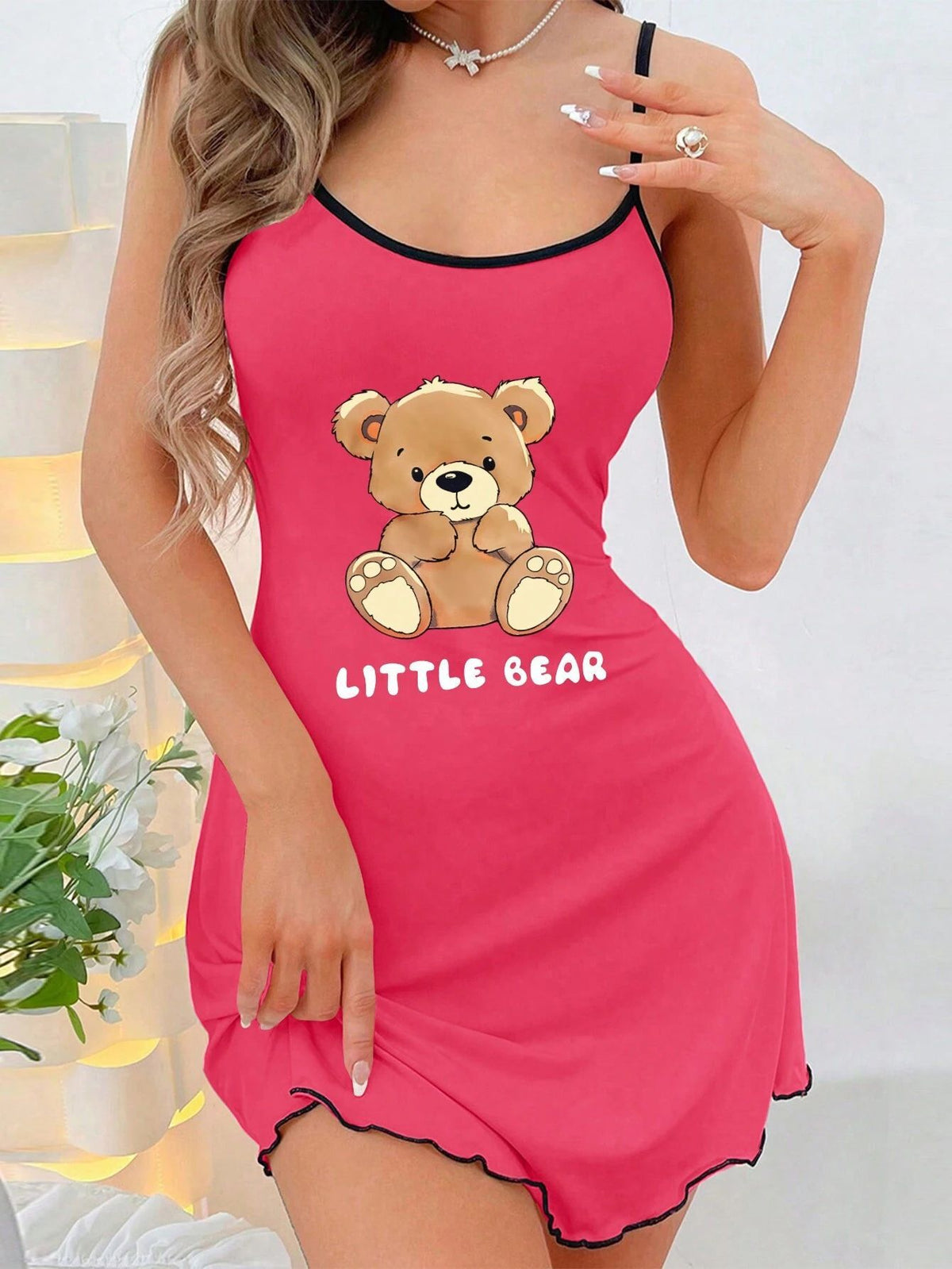 Womens Printed Camisole Nightgown Slim Fit Short Home Dress