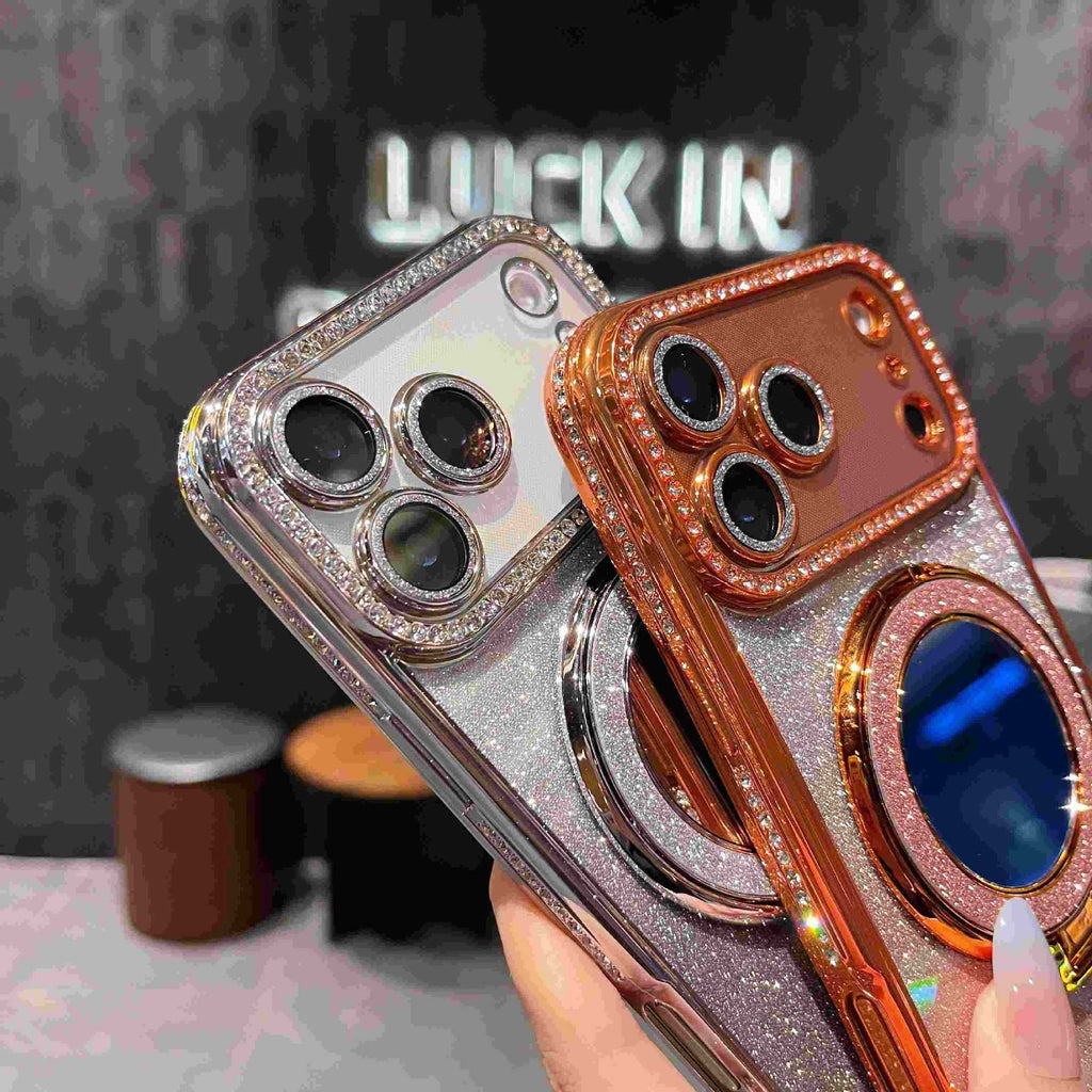 Glitter Magnetic Stand Mirror Phone Case for iPhone 11 12 13 14 15 16 17 18 Pro Max Plus
