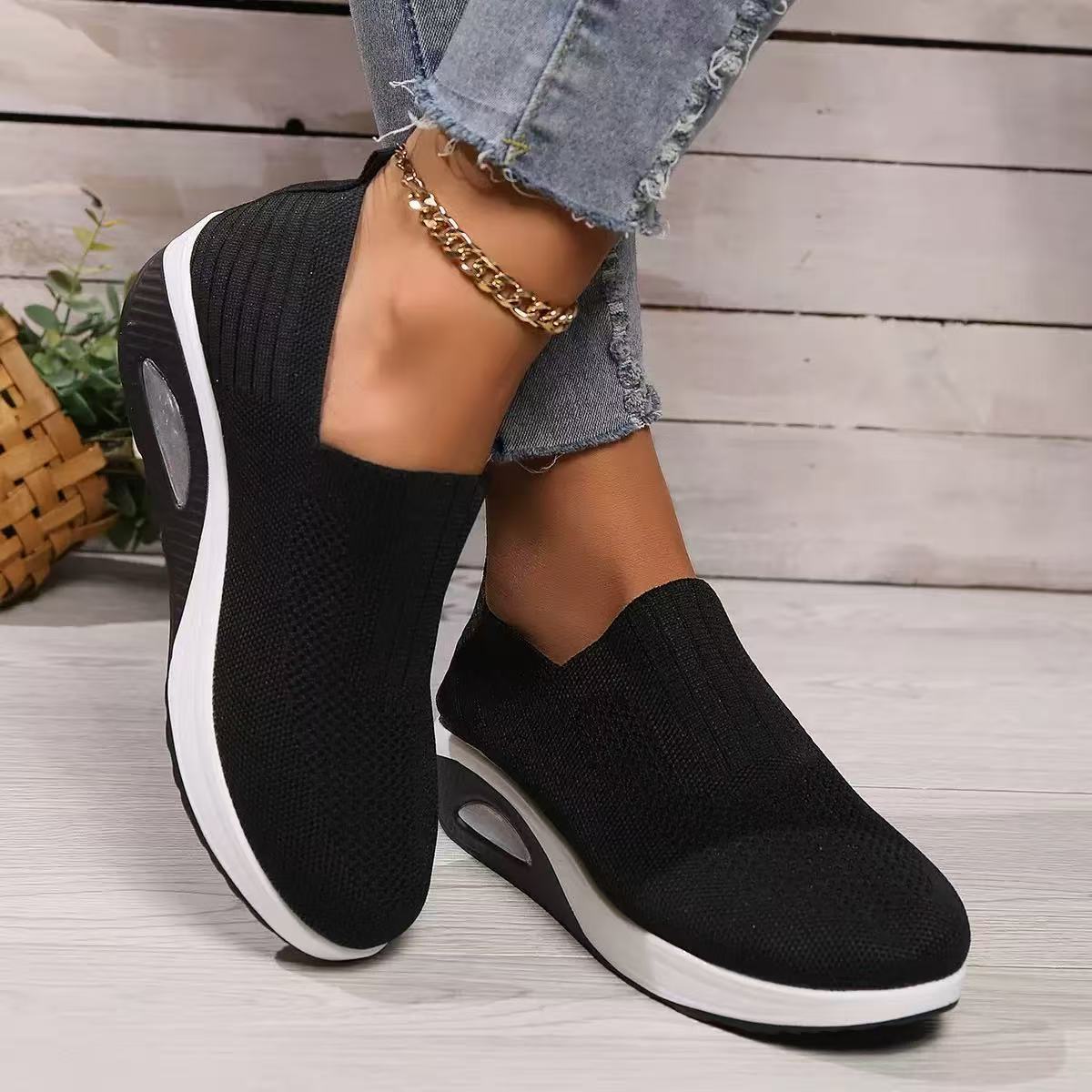 Women Breathable Fly-Knit Slip-On Rocking Shoes with Air Cushion