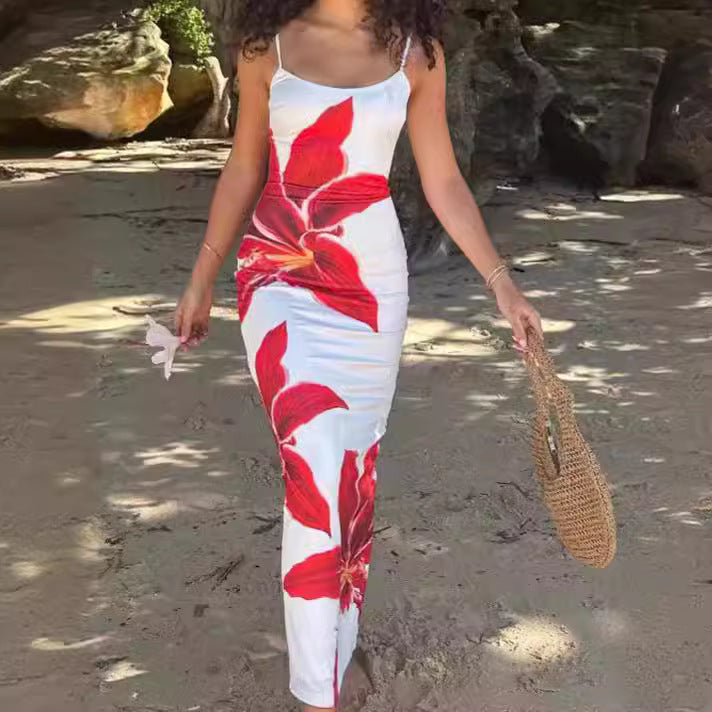Floral Print Suspender Slit Dress