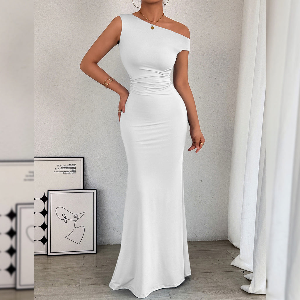 One-Shoulder Fishtail Hem Pleated Waist Long Sleeveless Dress