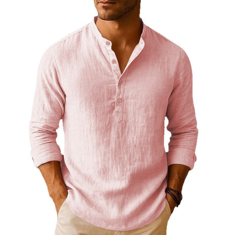 Men's Linen Stand Collar Long Sleeve Breathable Casual Shirt