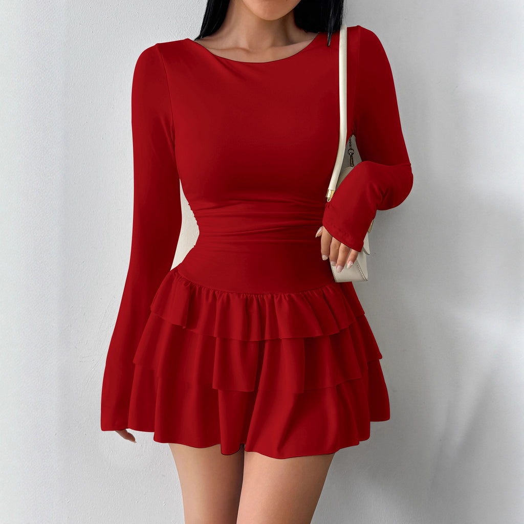 Womens Solid Color Long Sleeve Dress
