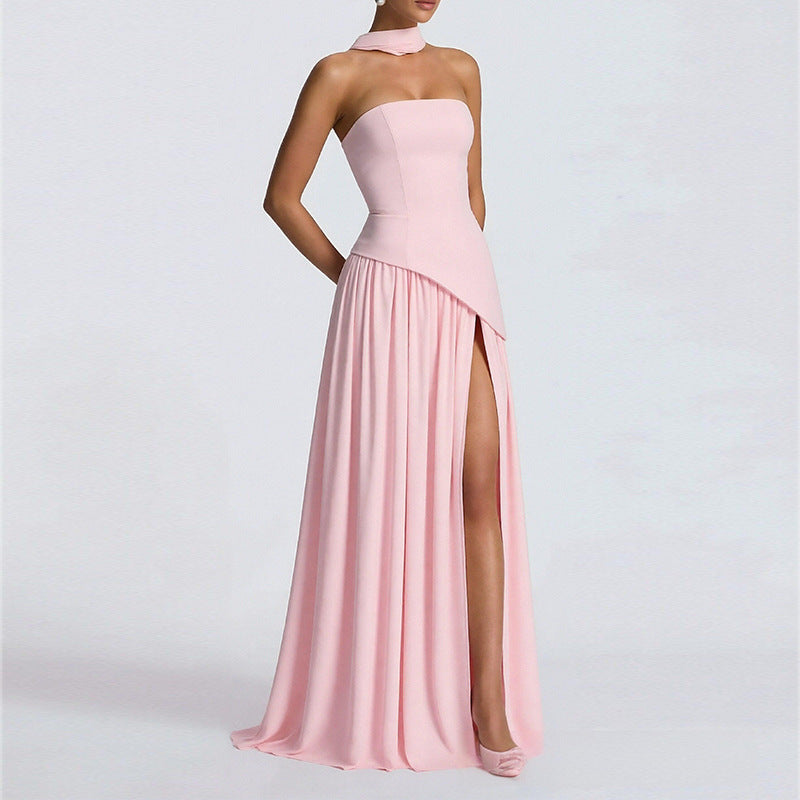 Elegant Slim Fit Solid Color Waist Cinching Slit Dress