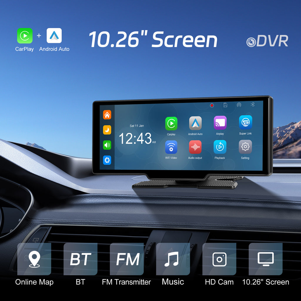 10.26-inch 4K Smart Screen Car Player with Wireless CarPlay, Android Auto, Dual Dash Cam, and Reversing Camera