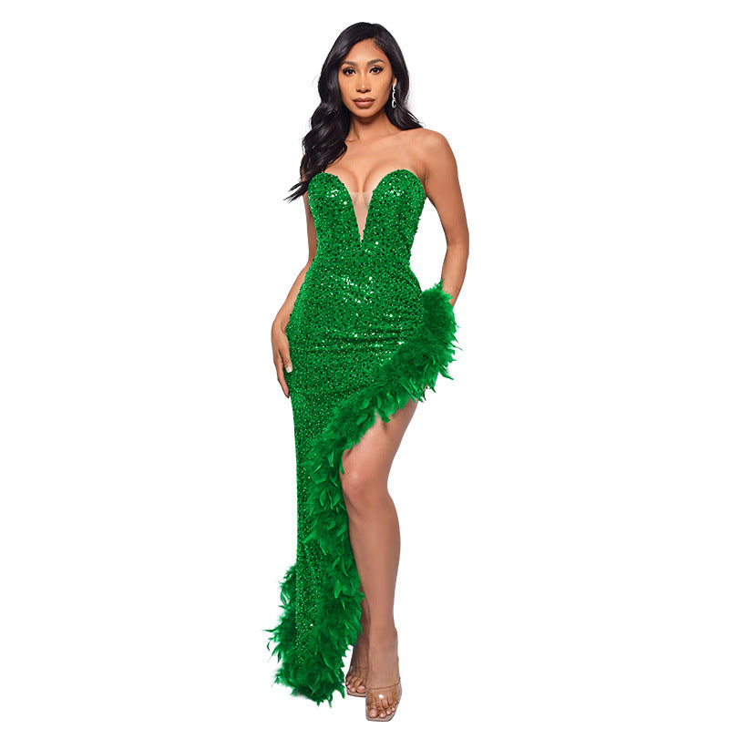 Sequin Feather Backless Long Dress