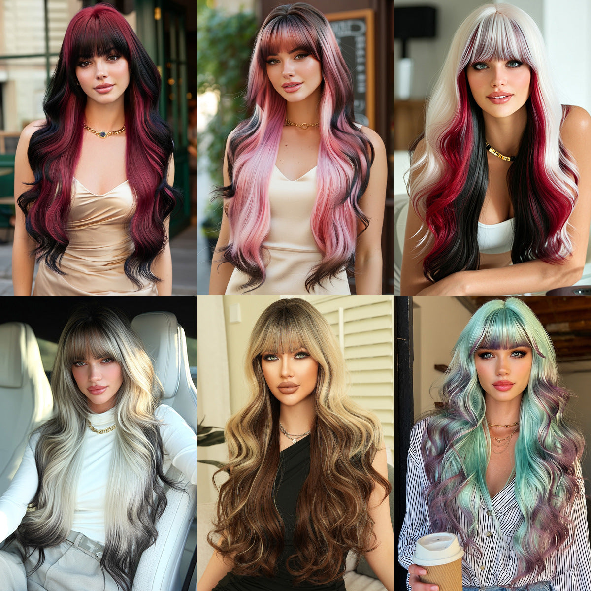 Gradient Color Wavy Synthetic Wig with Bangs