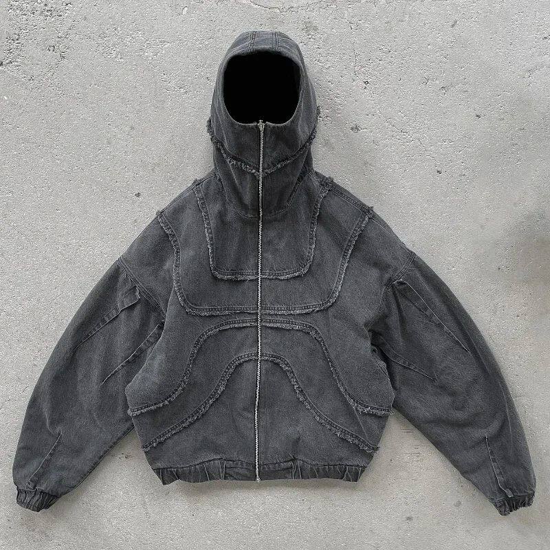 Washed Denim Jacket Y2K Double Zipper Stitching Flared Streetwear Gothic Oversized Unisex