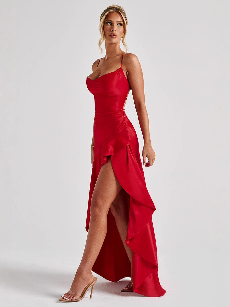 Womens Satin Ruffle Backless Dress