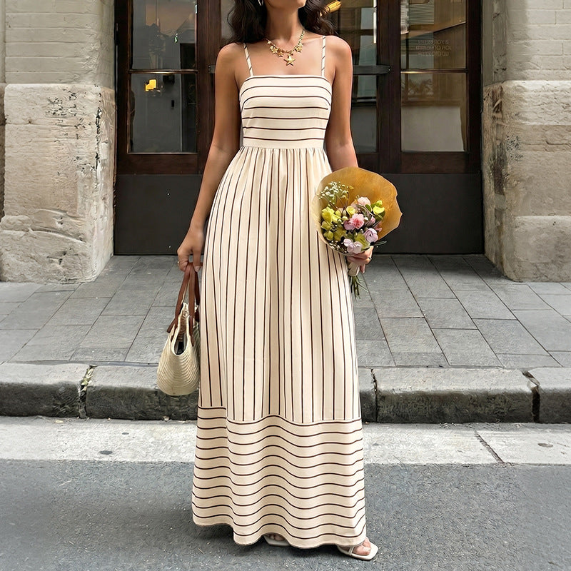Vintage Striped Maxi Dress with Open Back