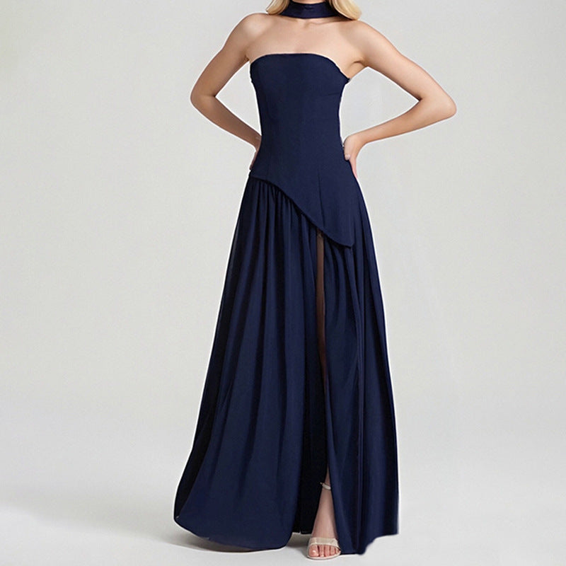 Elegant Slim-Fit Solid Color Waist-Cinching Slit Dress