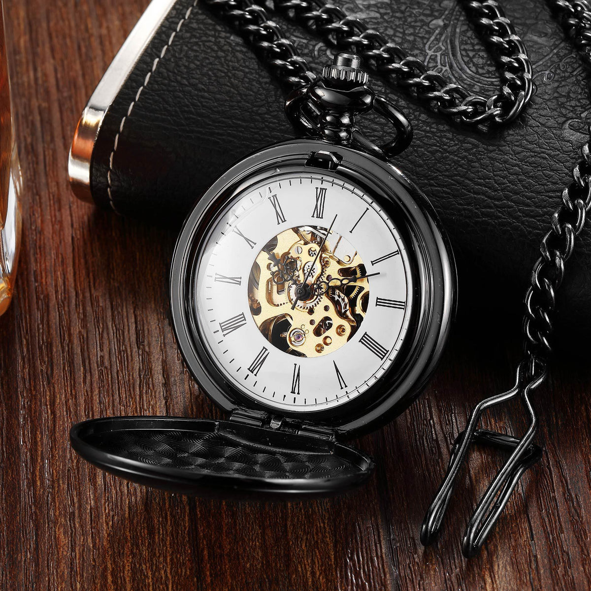 Engraved Mechanical Pocket Watch with Alloy Chain