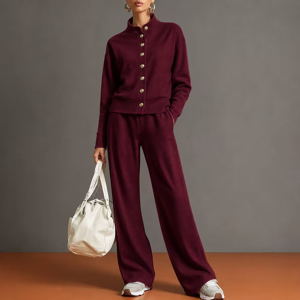 Women's Solid Color Stand Collar Sweatshirt and Wide Leg Pants Casual Two Piece Set