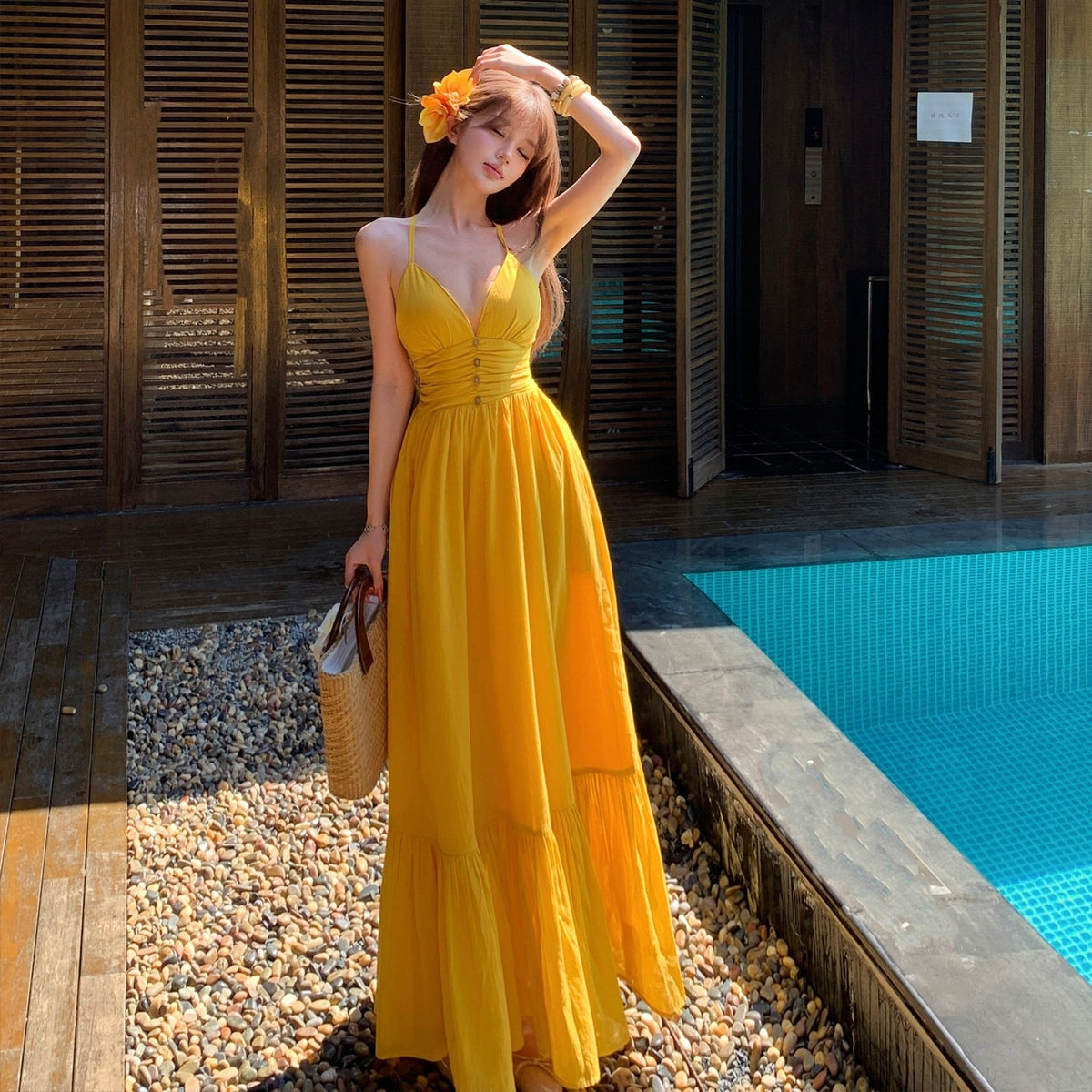 Womens V-Neck Flared Hem Dress